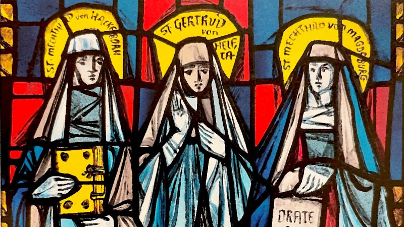 Glasbild der drei hl. Frauen von Helfta